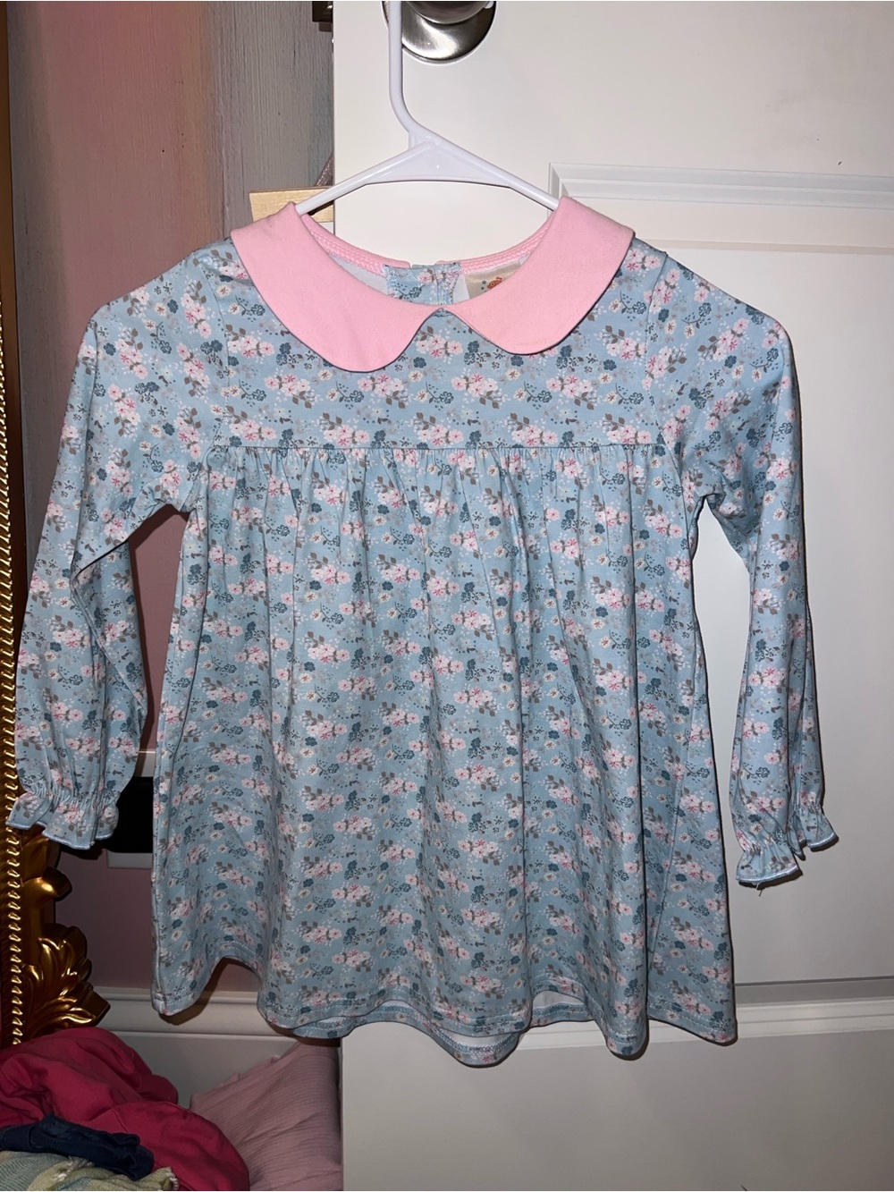 Girls' Floral Long-Sleeve Top with Pink Peter Pan Collar